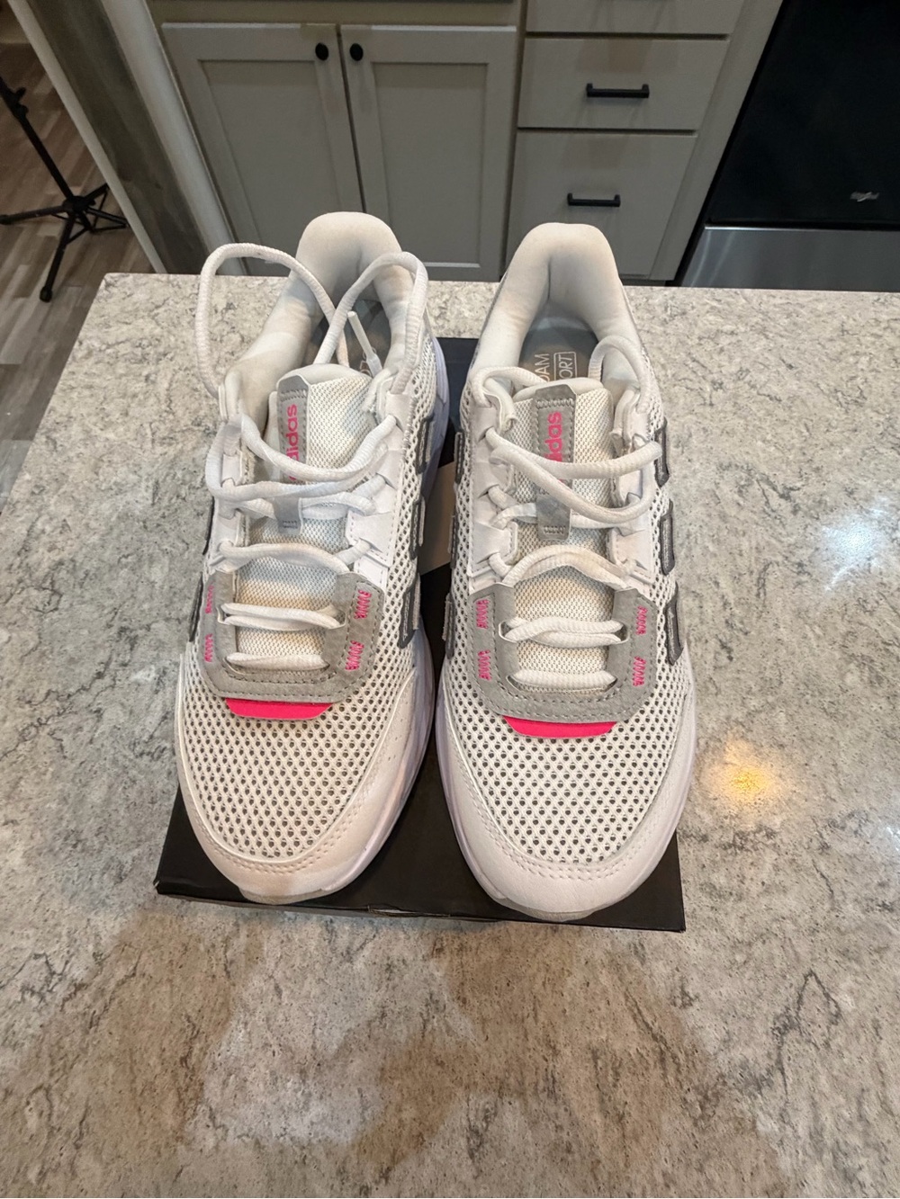 Women's White Adidas Astrastar Sneakers with Pink Accents